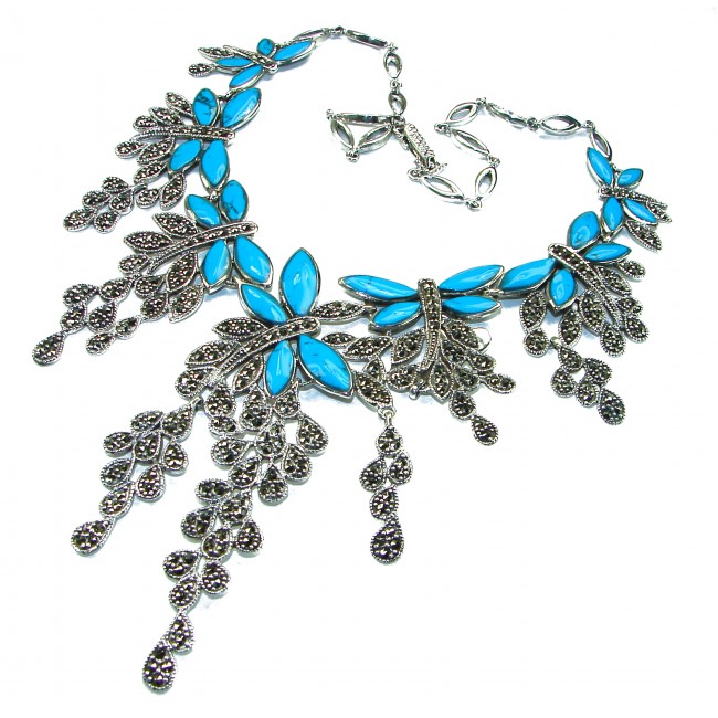 HUGE 77.9 grams Seven Butterflies design genuine Turquoise .925 Sterling Silver handcrafted Necklace