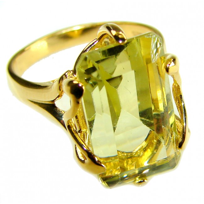 Solid 14.8 carat Genuine Lemon Quartz 14K Gold over .925 Sterling Silver handcrafted ring size 7 1/4 - Close-up of 14.8 carat lemon quartz gold ring.