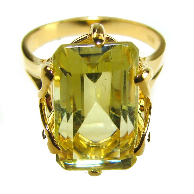 Solid 14.8 carat Genuine Lemon Quartz 14K Gold over .925 Sterling Silver handcrafted ring size 7 1/4 - Lemon quartz ring close-up, 14K gold setting.