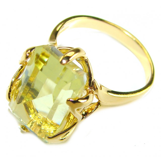 Solid 14.8 carat Genuine Lemon Quartz 14K Gold over .925 Sterling Silver handcrafted ring size 7 1/4 - Lemon Quartz ring, 14K gold, side view, 14.8 carats