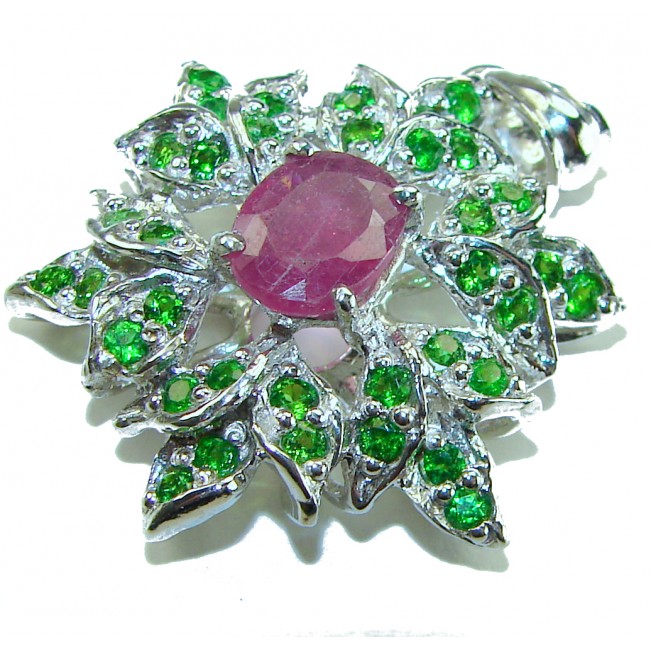 Fiesta Authentic 12.5 carat Multigem .925 Sterling Silver brilliantly handcrafted pendant - Top view of multigem sterling silver brooch with ruby and green stones.