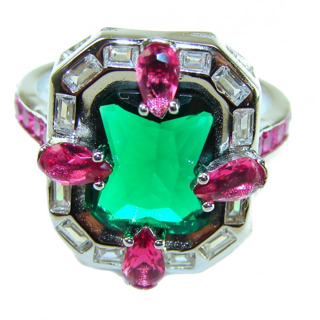 Art Deco 8.6 ctw Colombian Emerald .925 Sterling Silver handcrafted Statement Ring size 7 1/4