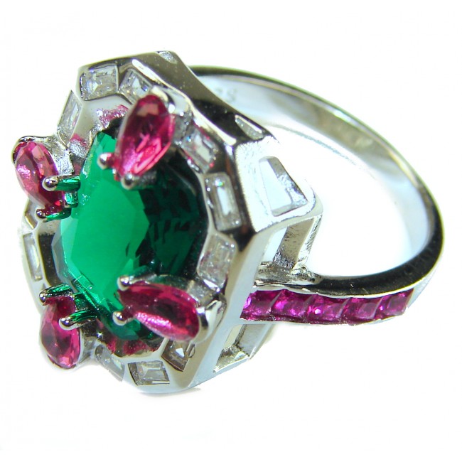 Art Deco 8.6 ctw Colombian Emerald .925 Sterling Silver handcrafted Statement Ring size 7 1/4