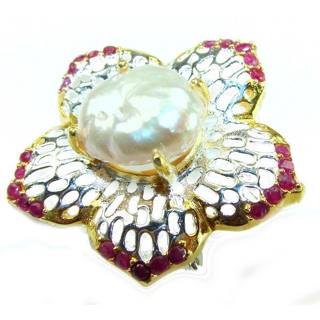 Genuine Mother of Pearl Ruby 14K Gold .925 Sterling Silver handmade Pendant Brooch