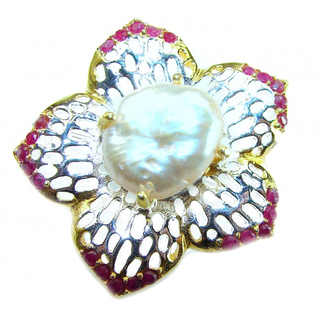 Genuine Mother of Pearl Ruby 14K Gold .925 Sterling Silver handmade Pendant Brooch