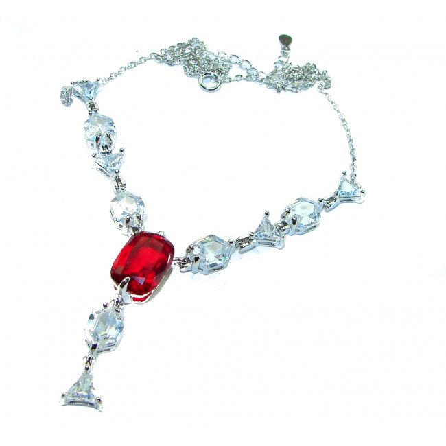 Luxurious natural 6.5 carat Ruby .925 Sterling Silver handmade Statement necklace - Necklace with ruby and clear stones, full view, on white background.
