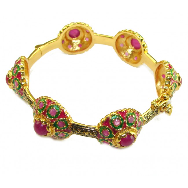 Victoria Authentic 20.5 carat natural Ruby .925 Sterling Silver brilliantly dipped in real 18K Gold handcrafted Statement Bracelet - Ornate bracelet with rubies, side angle view