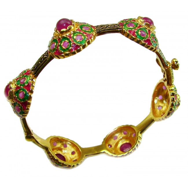 Victoria Authentic 20.5 carat natural Ruby .925 Sterling Silver brilliantly dipped in real 18K Gold handcrafted Statement Bracelet - Top view of Victoria 20.5 ct Ruby .925 Sterling Silver bracelet.