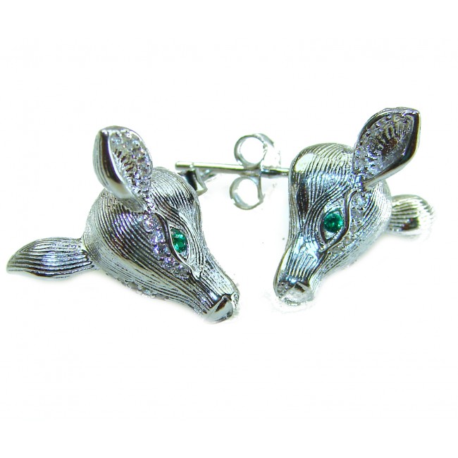 Deer'S Head 0.7 carat Emerald .925 Sterling Silver handmade Statement earrings