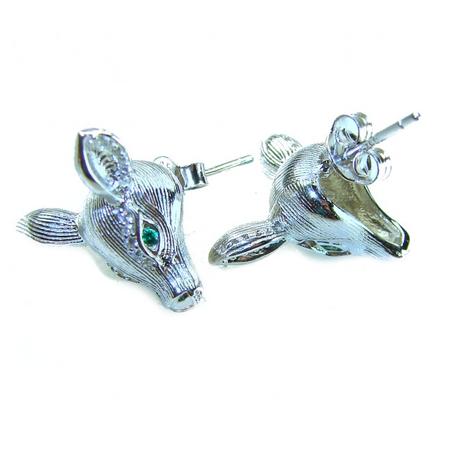 Deer'S Head 0.7 carat Emerald .925 Sterling Silver handmade Statement earrings