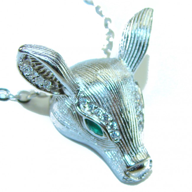 Deer'S Head 0.7 carat Emerald .925 Sterling Silver handmade Statement necklace