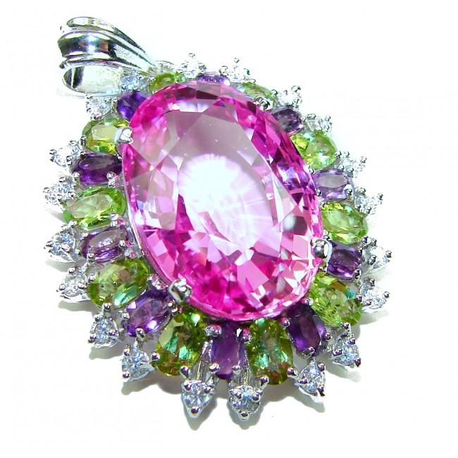 Tiffany- Vintage Design 25.5 carat Pink Sapphire .925 Sterling Silver handcrafted Pendant - Brooch - Close-up of Tiffany vintage pink sapphire pendant with multicolored gems.