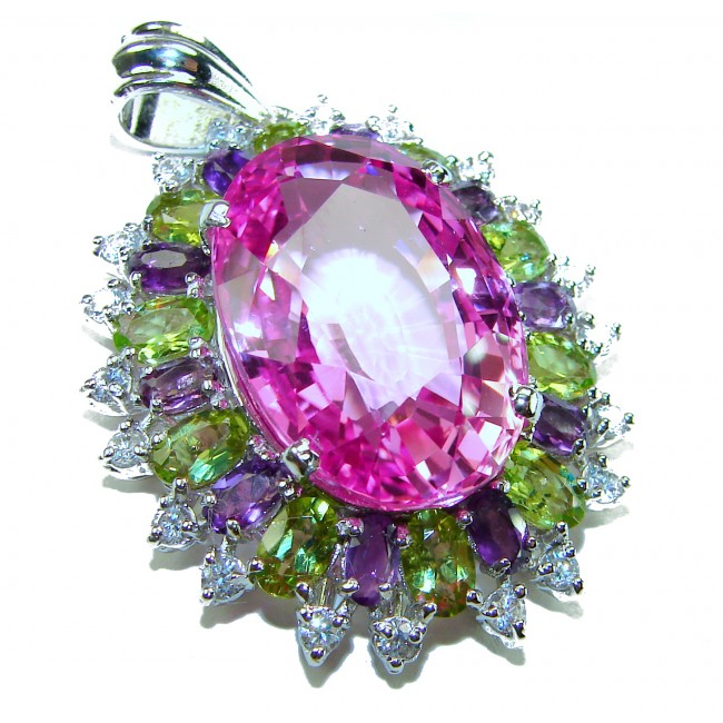 Tiffany- Vintage Design 25.5 carat Pink Sapphire .925 Sterling Silver handcrafted Pendant - Brooch - Close-up of Tiffany vintage pink sapphire pendant with colorful gems.