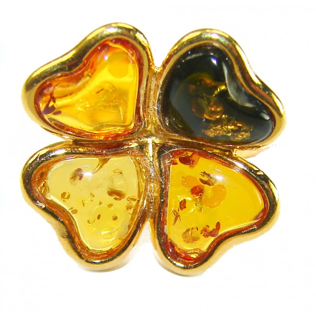Beauty of the Nature Baltic Amber .925 Sterling Silver dipped in real Gold handcrafted HUGE ring; s. 7 adjustable - Baltic amber clover pendant close-up, heart-shaped stones in sterling silver
