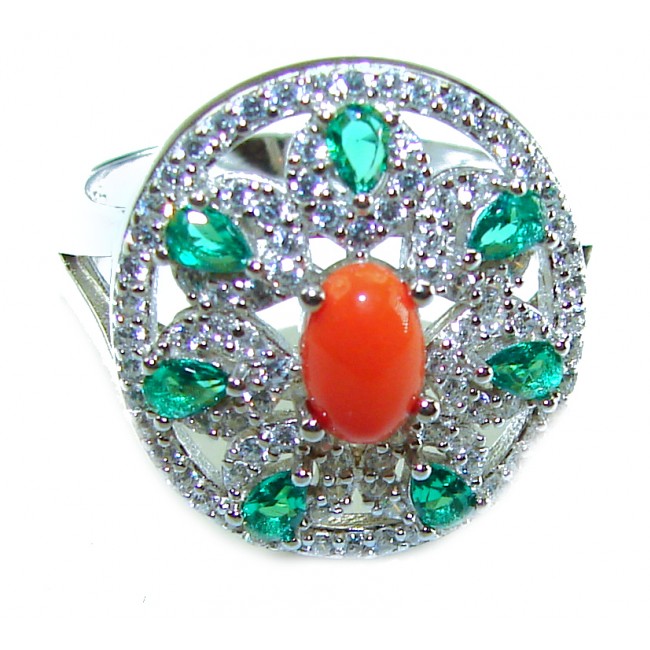 Serenity - 10.5 carat genuine Coral Emerald .925 Sterling Silver handmade ring s. 8