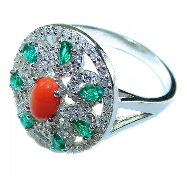 Serenity - 10.5 carat genuine Coral Emerald .925 Sterling Silver handmade ring s. 8