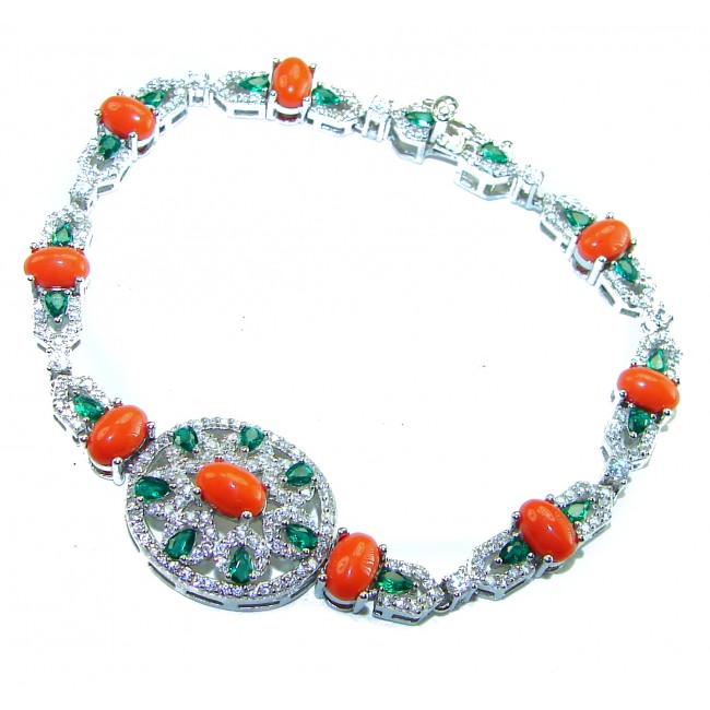 Serenity 42.5 carat genuine Coral Emerald .925 Sterling Silver handmade Statement Bracelet