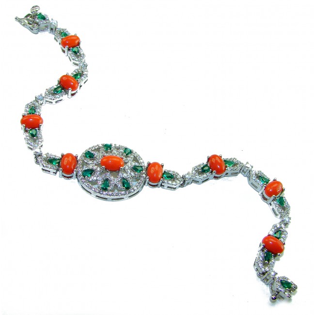 Serenity 42.5 carat genuine Coral Emerald .925 Sterling Silver handmade Statement Bracelet