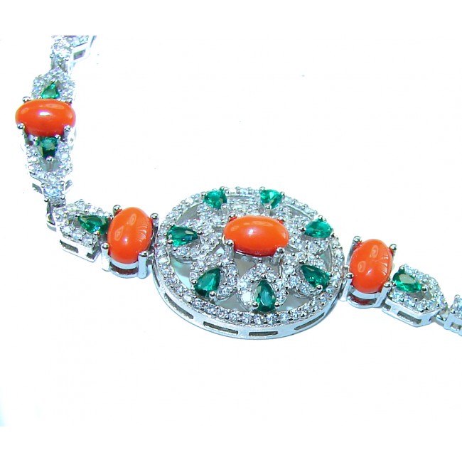 Serenity 42.5 carat genuine Coral Emerald .925 Sterling Silver handmade Statement Bracelet