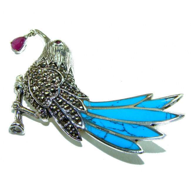 Blue Bird genuine INLAY Turquoise Marcasite .925 Sterling Silver handmade Brooch