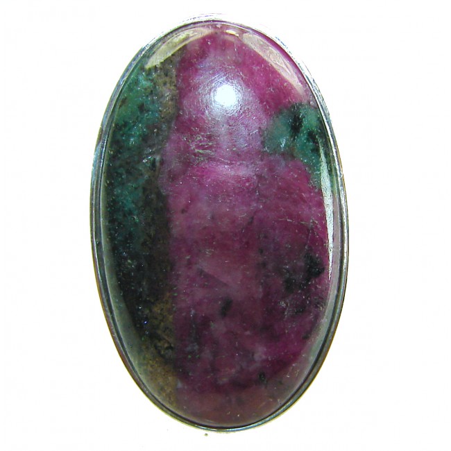 Authentic Ruby in Zoisite .925 Sterling Silver handmade Cocktail Ring s. 8 adjustable - Ruby in Zoisite cabochon close-up, oval shape, sterling silver setting.