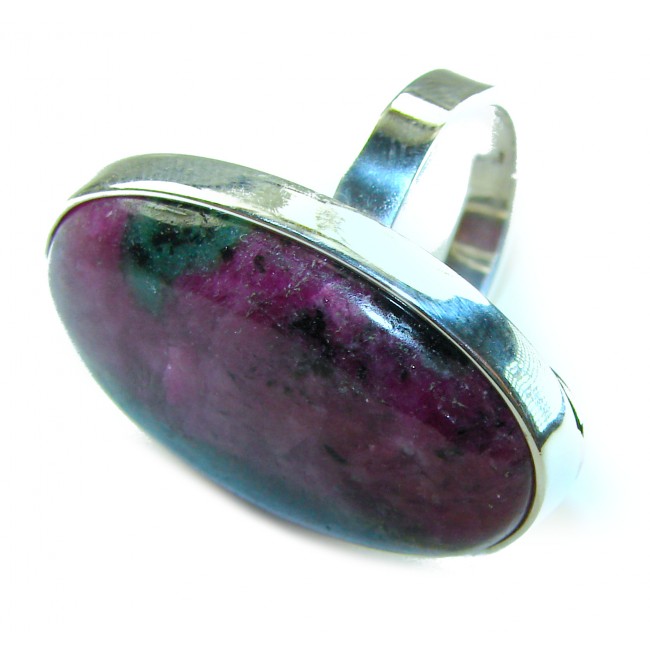 Authentic Ruby in Zoisite .925 Sterling Silver handmade Cocktail Ring s. 8 adjustable - Close-up of Ruby in Zoisite ring in sterling silver, side view.