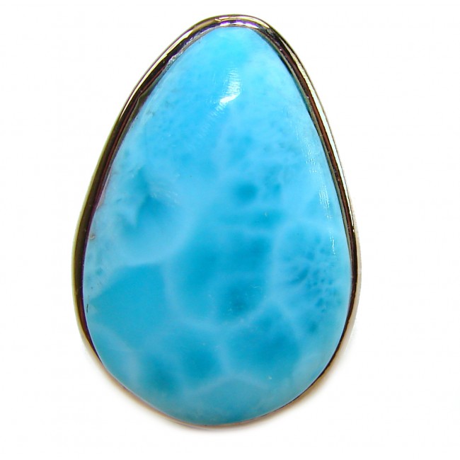 Blue Perfection AUTHENTIC Larimar 18K ROSE Gold over .925 Sterling Silver handmade Large ring size 8 adjustable - Stone close-up of blue Larimar set in 18K rose gold over .925 silver.