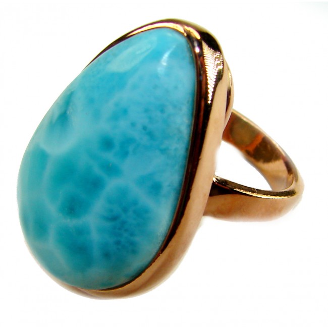 Blue Perfection AUTHENTIC Larimar 18K ROSE Gold over .925 Sterling Silver handmade Large ring size 8 adjustable - Close-up of blue Larimar stone set in 18K rose gold ring.