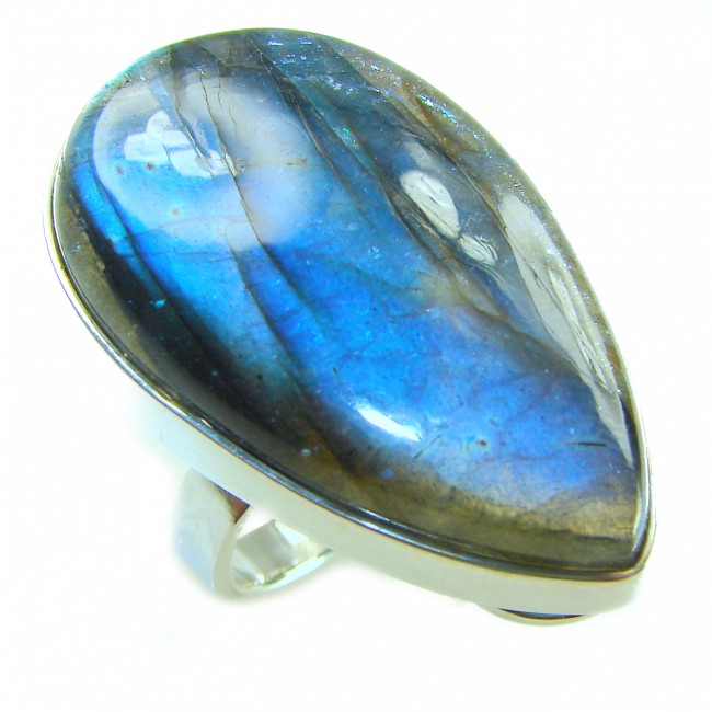 Shimmering Natural Labradorite .925 Sterling Silver handcrafted Large ring size 8 adjustable