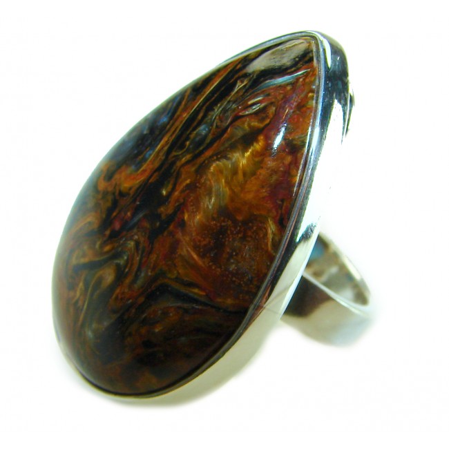 Large 31.8 carat Silky Golden Pietersite .925 Sterling Silver handmade Ring size 7 adjustable