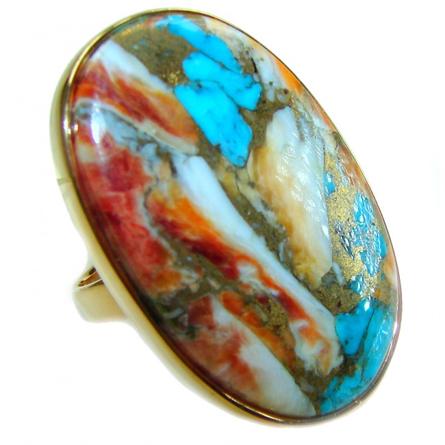 Rare 46.5 carat Oyster Turquoise 18K Gold over .925 Sterling Silver handcrafted Large ring; s. 8 adjustable