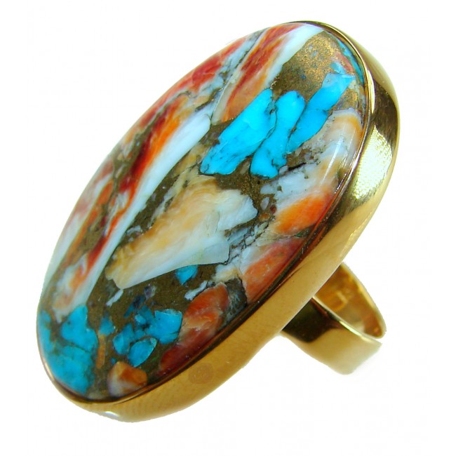 Rare 46.5 carat Oyster Turquoise 18K Gold over .925 Sterling Silver handcrafted Large ring; s. 8 adjustable