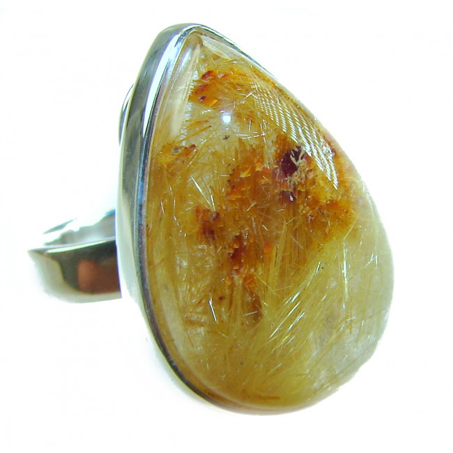 14.2 carat Himalayan Golden Rutilated Quartz .925 Sterling Silver handcrafted Ring Size 7 - Close-up of teardrop Himalayan Golden Rutilated Quartz ring in silver setting.