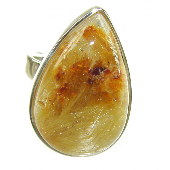 14.2 carat Himalayan Golden Rutilated Quartz .925 Sterling Silver handcrafted Ring Size 7 - Close-up of 14.2 carat Himalayan Golden Rutilated Quartz ring.
