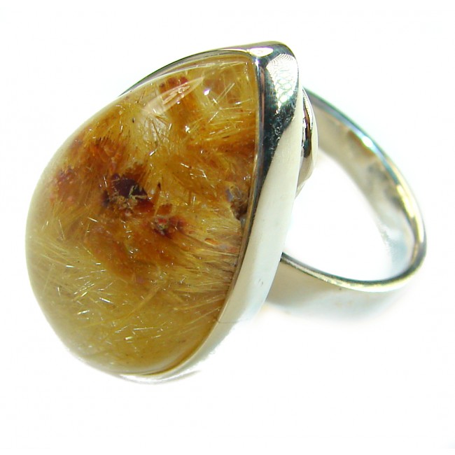 14.2 carat Himalayan Golden Rutilated Quartz .925 Sterling Silver handcrafted Ring Size 7 - Close-up of 14.2 ct Himalayan golden rutilated quartz ring in sterling silver.