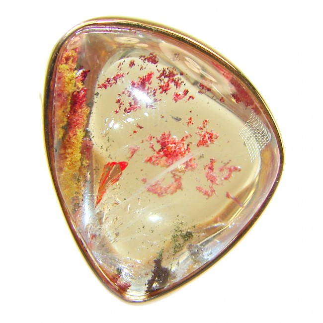 Best quality Golden Rutilated Quartz 14K Gold over .925 Sterling Silver handcrafted Ring Size 7 - Close-up of Golden Rutilated Quartz stone in triangular setting.