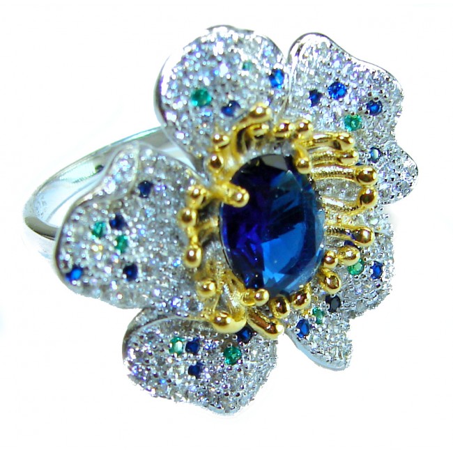 4.2 carat oval cut Tanzanite 2 tones .925 Silver handcrafted Cocktail Ring s. 7 1/2