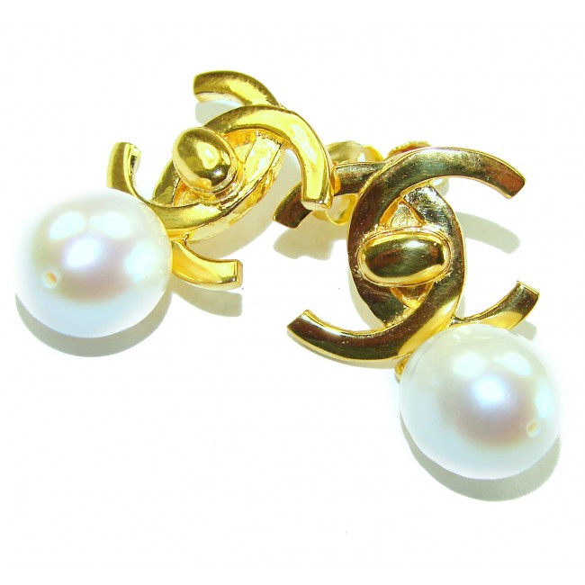 Classy Design - Genuine Pearl 14K Gold over .925 Sterling Silver handcrafted Statement Earrings