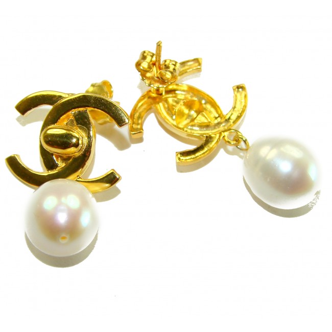 Classy Design - Genuine Pearl 14K Gold over .925 Sterling Silver handcrafted Statement Earrings