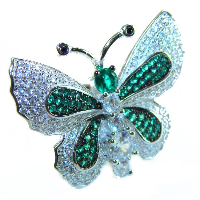 Precious Butterfly Genuine 10.5 carat Emerald .925 Sterling Silver handmade Statement Ring size 6 1/4 - photo 3