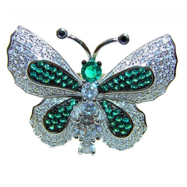 Precious Butterfly Genuine 10.5 carat Emerald .925 Sterling Silver handmade Statement Ring size 6 1/4 - photo 2