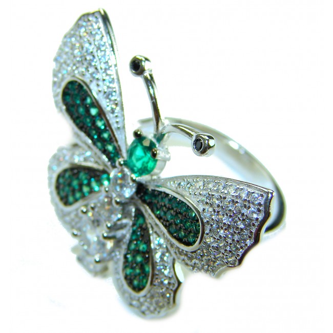 Precious Butterfly Genuine 10.5 carat Emerald .925 Sterling Silver handmade Statement Ring size 6 1/4 - photo 1