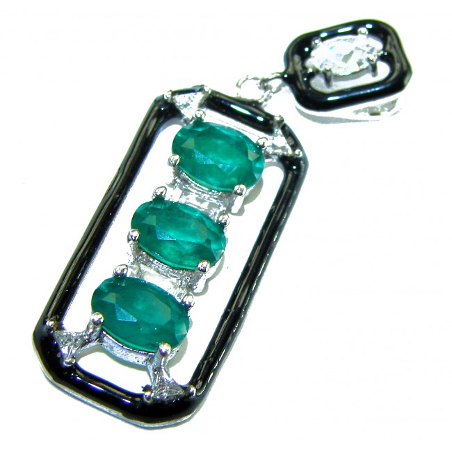 Art Deco 8.5 carat Emerald black enamel .925 Sterling Silver handmade Pendant - Emerald and black enamel pendant, front view, silver setting detail