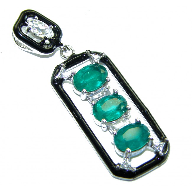 Art Deco 8.5 carat Emerald black enamel .925 Sterling Silver handmade Pendant - Emerald pendant with black enamel, top view, Art Deco style.