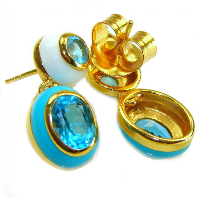 Natural - luxurious - 10.5 carat Tanzanite Blue Turquoise enamel .925 Sterling Silver dipped in 18K Gold handcrafted earrings - photo 2