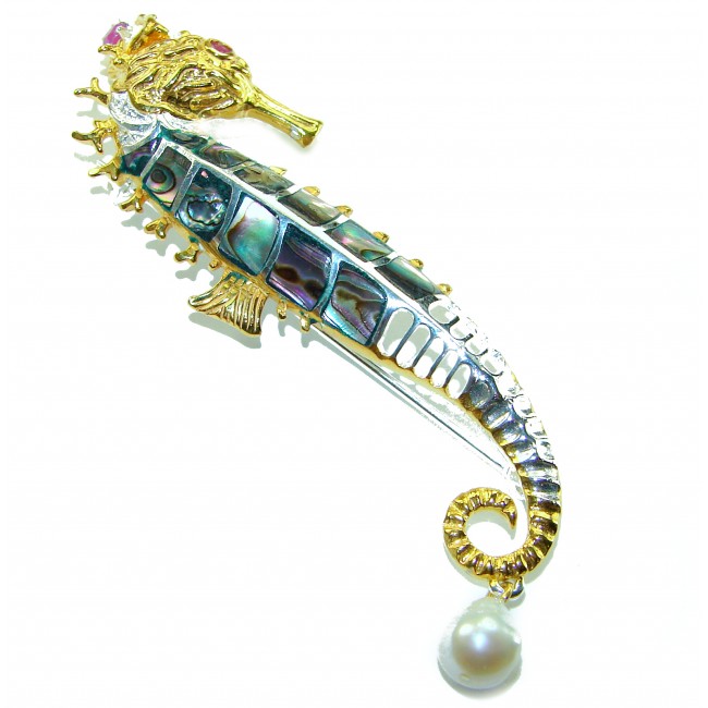 Precious SeaHorse Natural Rainbow Abalone Ruby 14K Gold over .925 Sterling Silver handmade Pendant Brooch