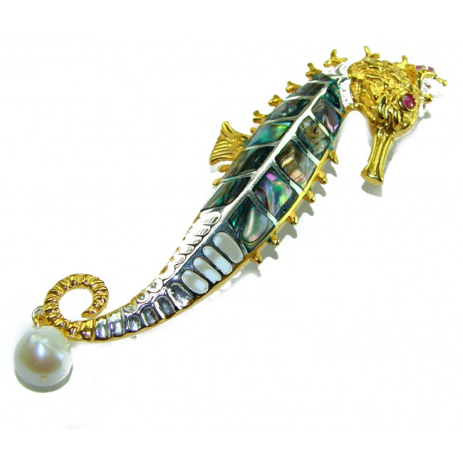 Precious SeaHorse Natural Rainbow Abalone Ruby 14K Gold over .925 Sterling Silver handmade Pendant Brooch