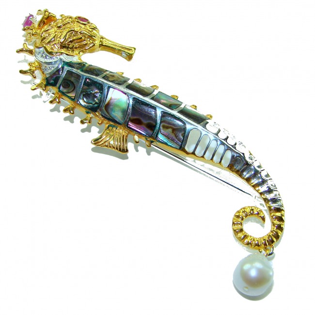 Precious SeaHorse Natural Rainbow Abalone Ruby 14K Gold over .925 Sterling Silver handmade Pendant Brooch