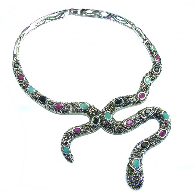 Large Snake genuine 18.5 carat Ruby from Madagaskar Marcasite .925 Sterling Silver handcrafted necklace