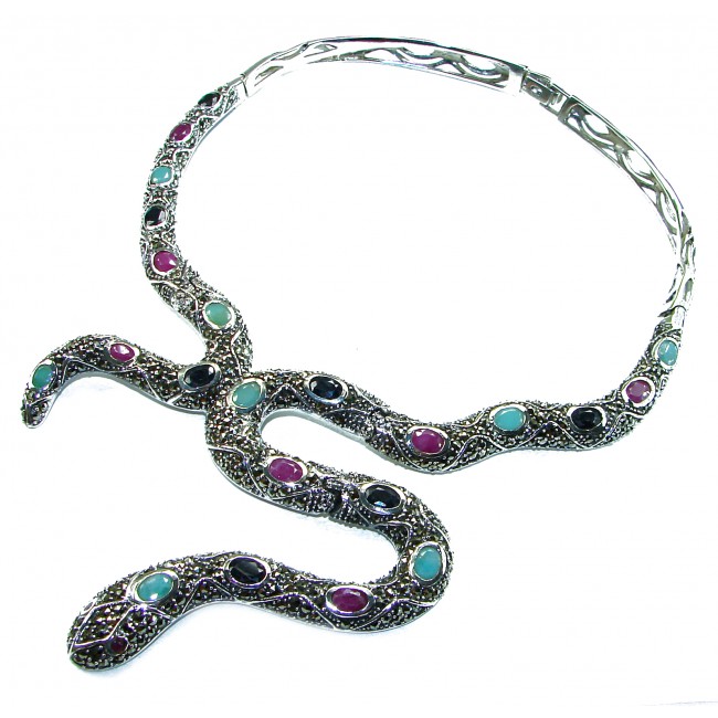 Large Snake genuine 18.5 carat Ruby from Madagaskar Marcasite .925 Sterling Silver handcrafted necklace